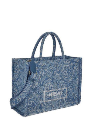 VERSACE Navy Blue Embroidered Jacquard & Leather Large Tote Bag for Women