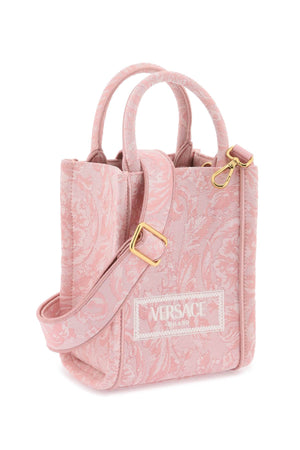 VERSACE Athena Baroque Mini Tote in Pink - Vintage Logo Jacquard Canvas with Gold Finish
