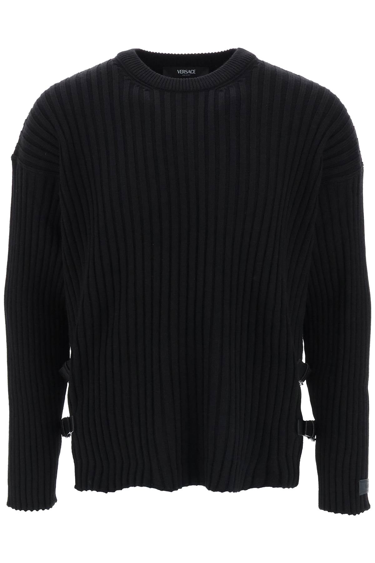 VERSACE Men's Black Wool Sweater with Side Buckle and Leather Details