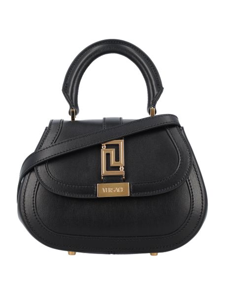VERSACE Black Calfskin Mini Handbag with Gold-Tone Hardware and Adjustable Shoulder Strap (20x15x7.5 cm)