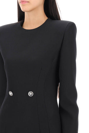 VERSACE Stylish Black Wool Dress with Logo Buttons and Padded Shoulders for Women