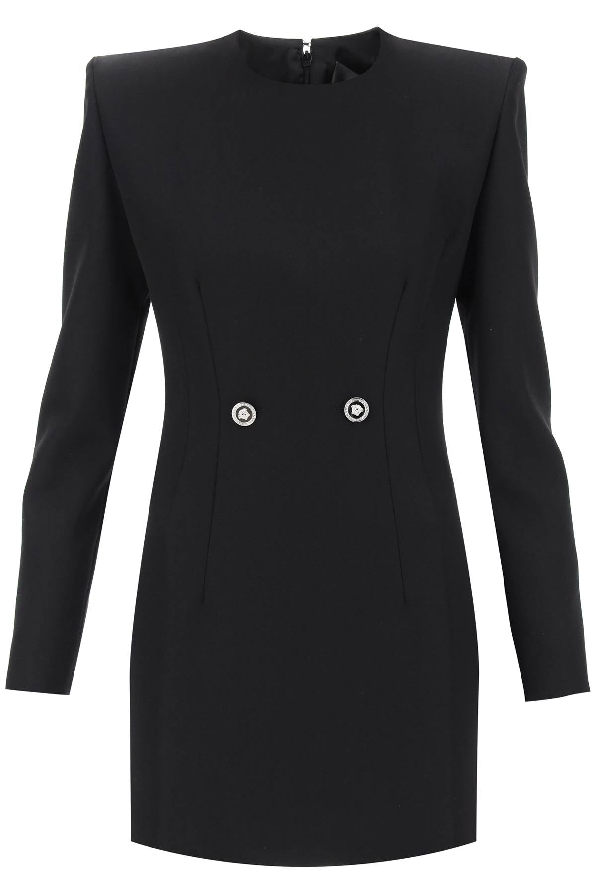 VERSACE Stylish Black Wool Dress with Logo Buttons and Padded Shoulders for Women