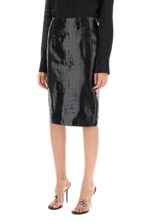 VERSACE Black Crocodile Print Leather Skirt for Women - FW23