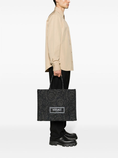Sophisticated Black and Gold Baroque Jacquard Tote Handbag for Men