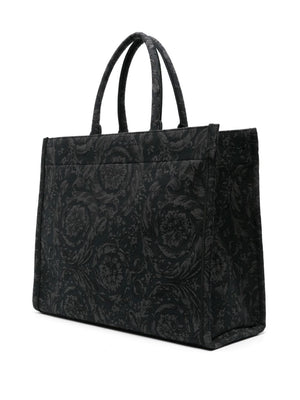 VERSACE Sophisticated Black and Gold Baroque Jacquard Tote Handbag for Men