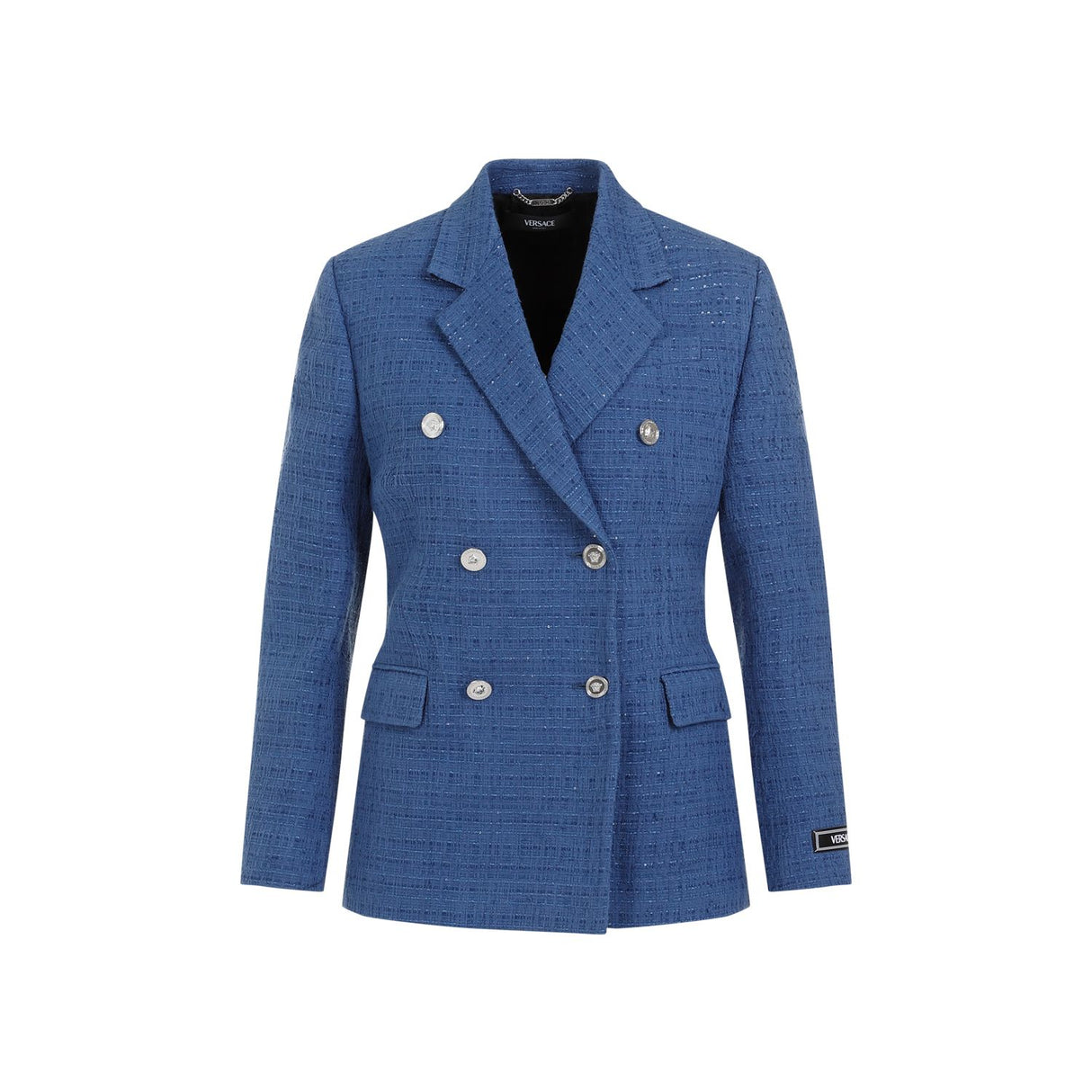 Blazer Bouclé Kẻ Sọc Nút Kép Màu Xanh Nhạt cho Nữ