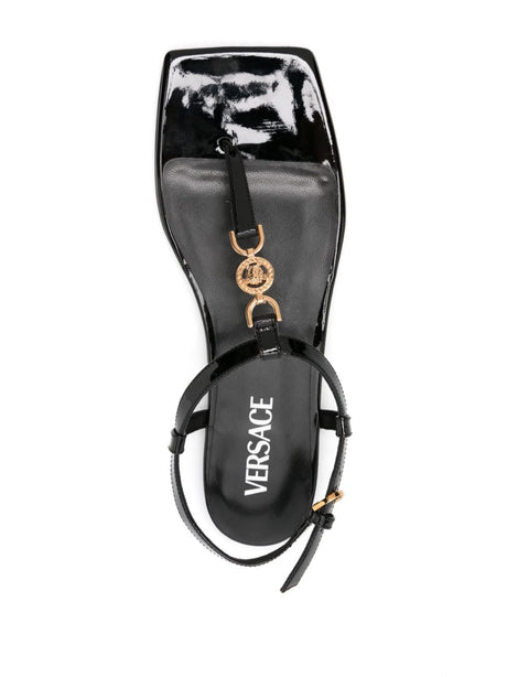 VERSACE Black Leather Patent Sandals with Medusa Head Motif