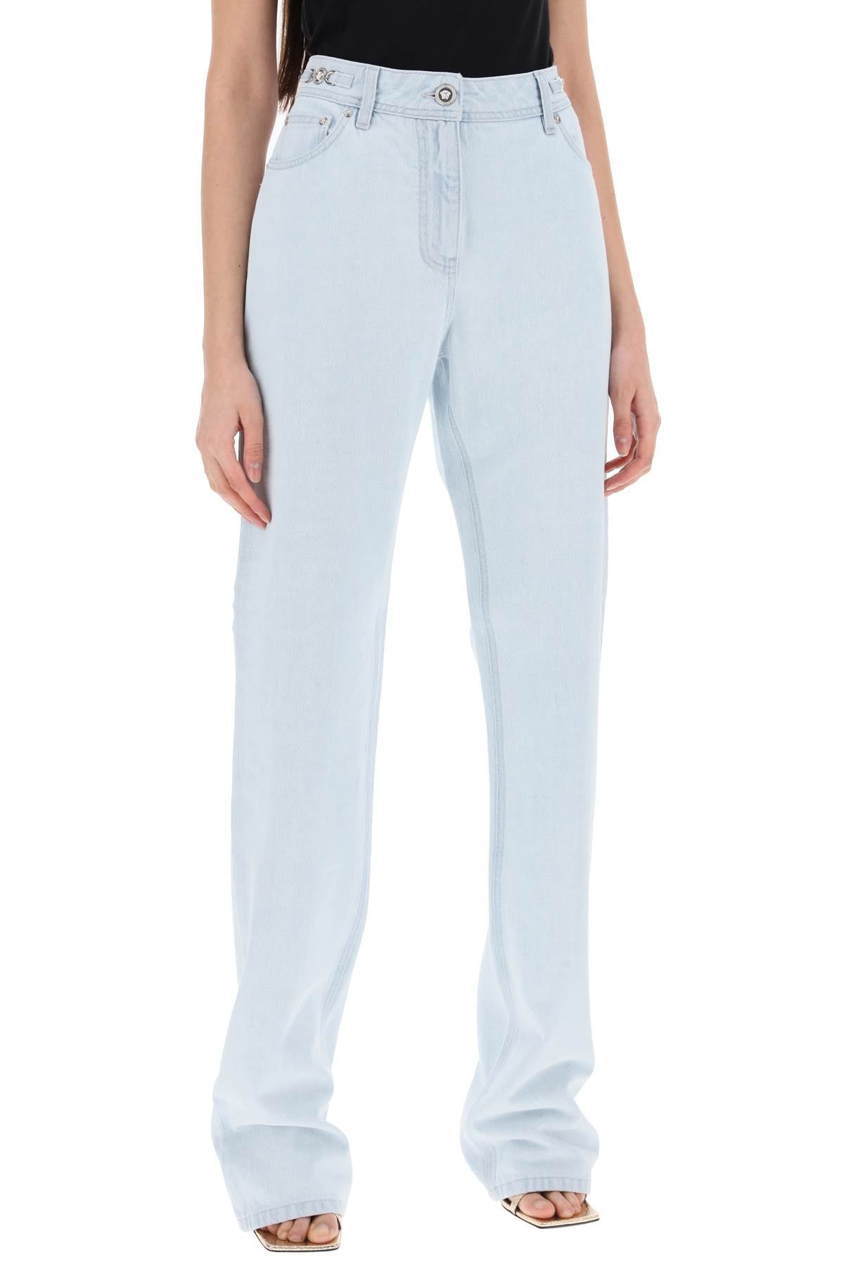 VERSACE Light Blue High-Waisted Straight Cut Relaxed Fit Jeans with Silver Medusa Details