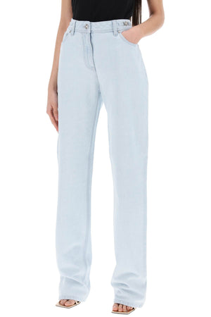 Light Blue High-Waisted Straight Cut Relaxed Fit Jeans with Silver Medusa Details