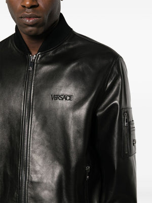 VERSACE Men's Black Leather Bomber Jacket for SS24