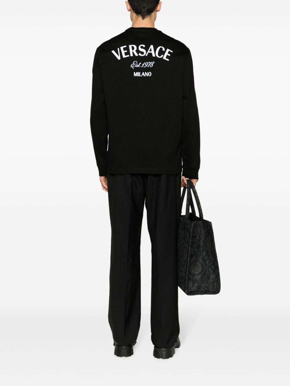 Black Long-Sleeved T-Shirt with Embroidered Versace Design for Men