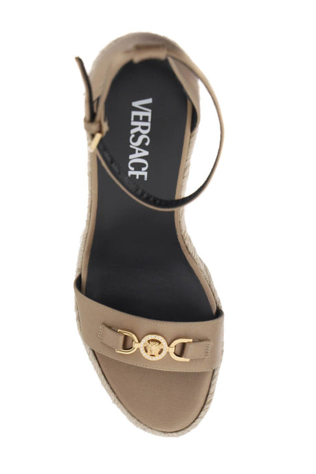 VERSACE Beige Satin Wedge Sandals with Crystal Medusa Detail for Women