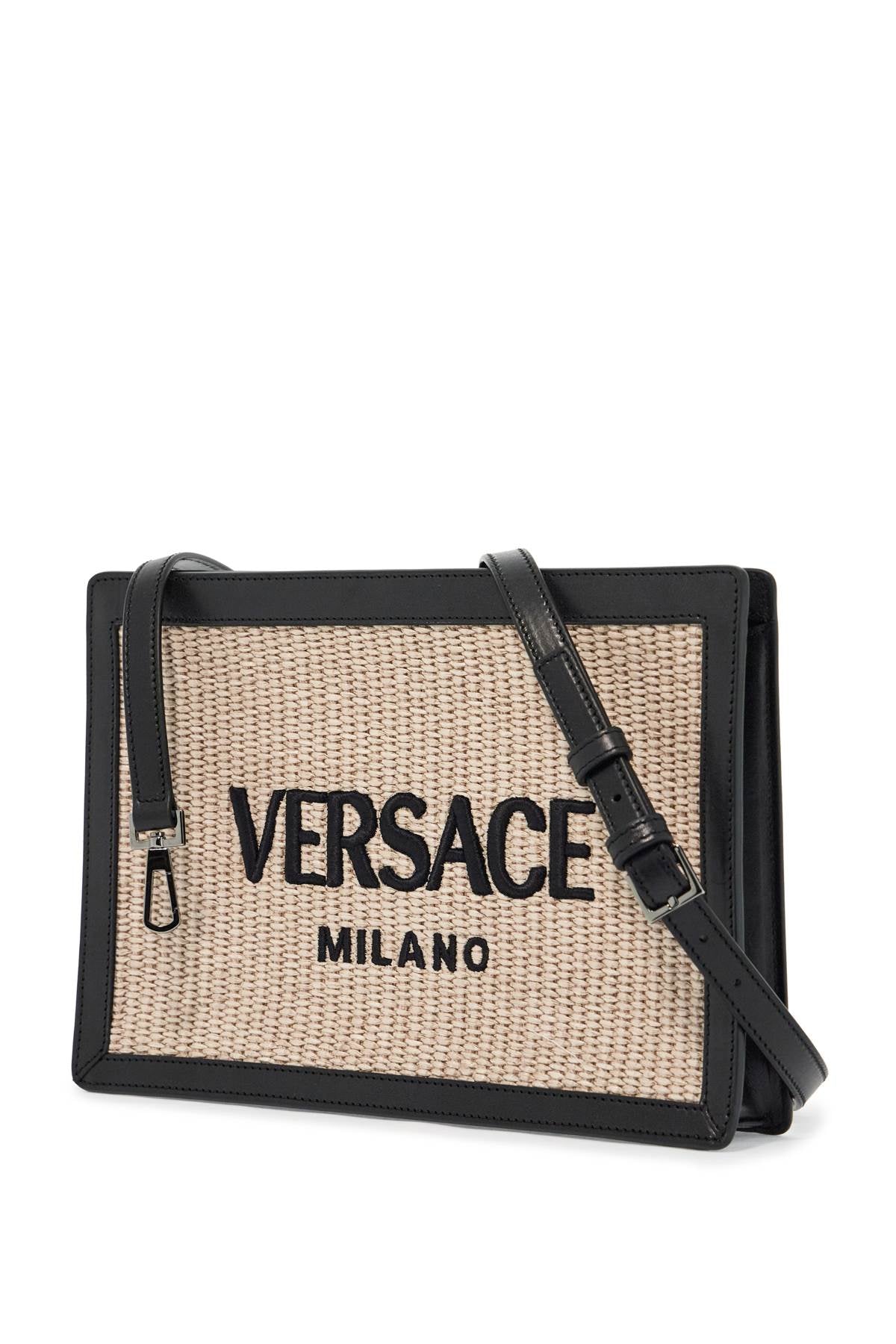 VERSACE Elegant Raffia Pouch with Leather Accents