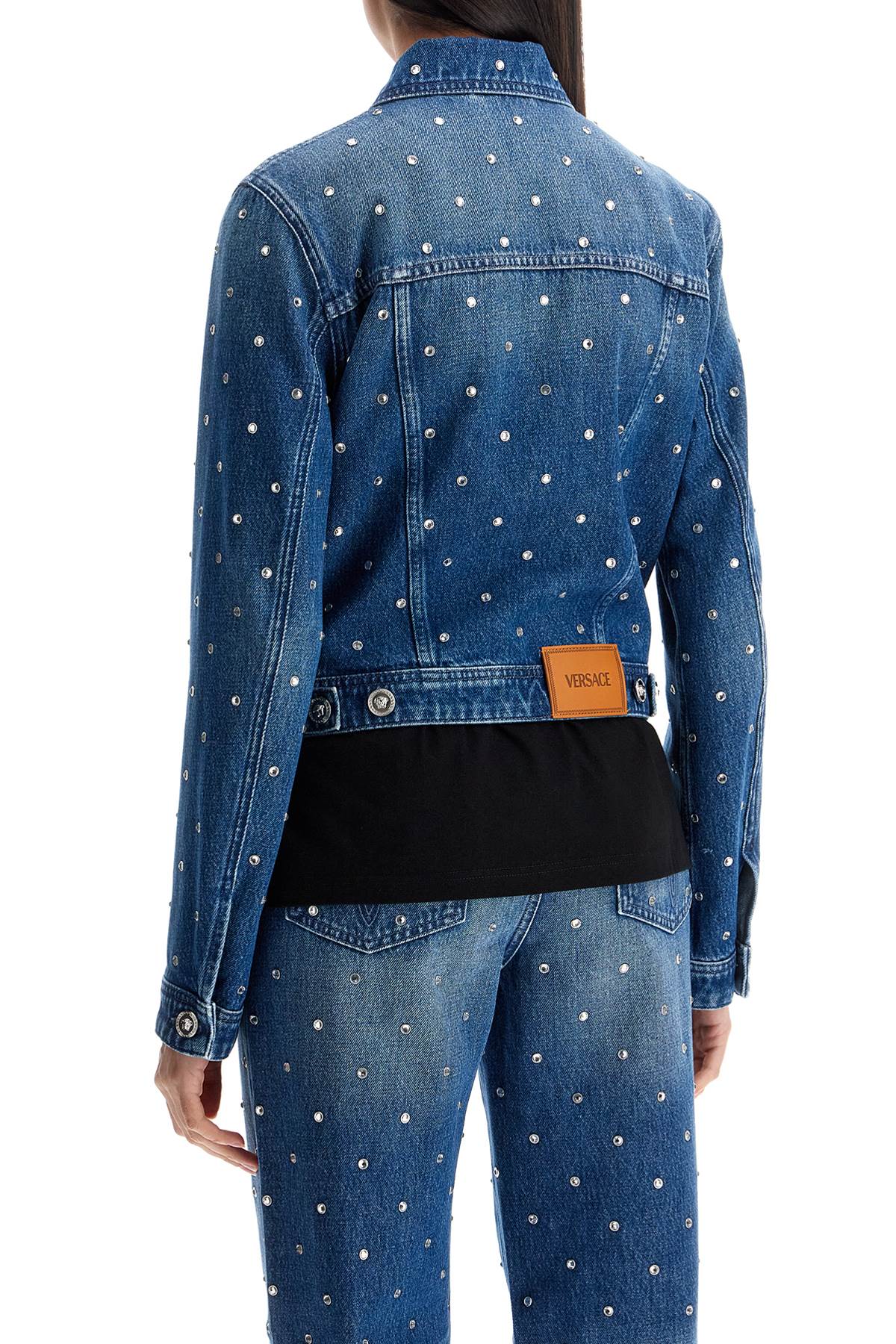 VERSACE Slim Fit Distressed Denim Jacket with Crystal Embellishments