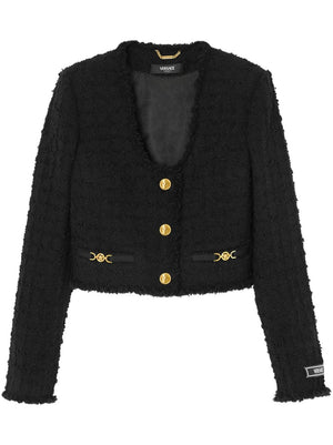 VERSACE Cropped Bouclé Tweed Jacket with Medusa Head Details