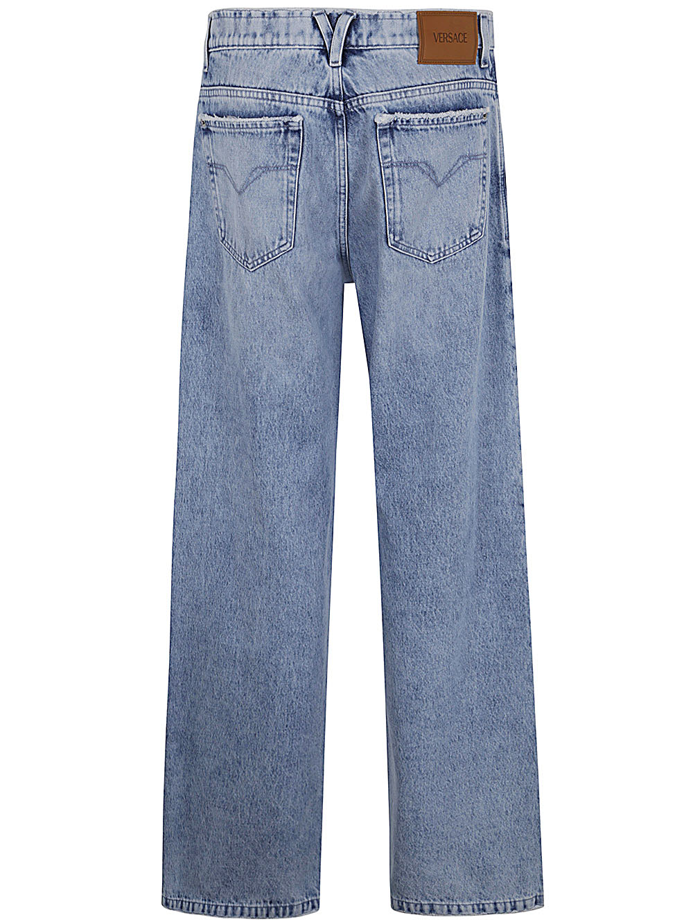 VERSACE Men's Denim Blue Raw Cut Pants - Stone Wash Finish