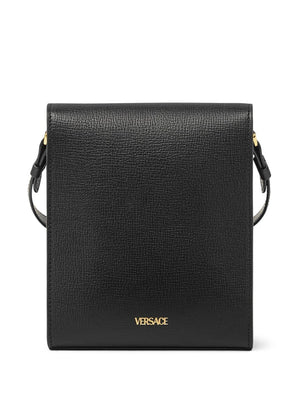 VERSACE Leather Messenger Handbag with Gold-Tone Logo