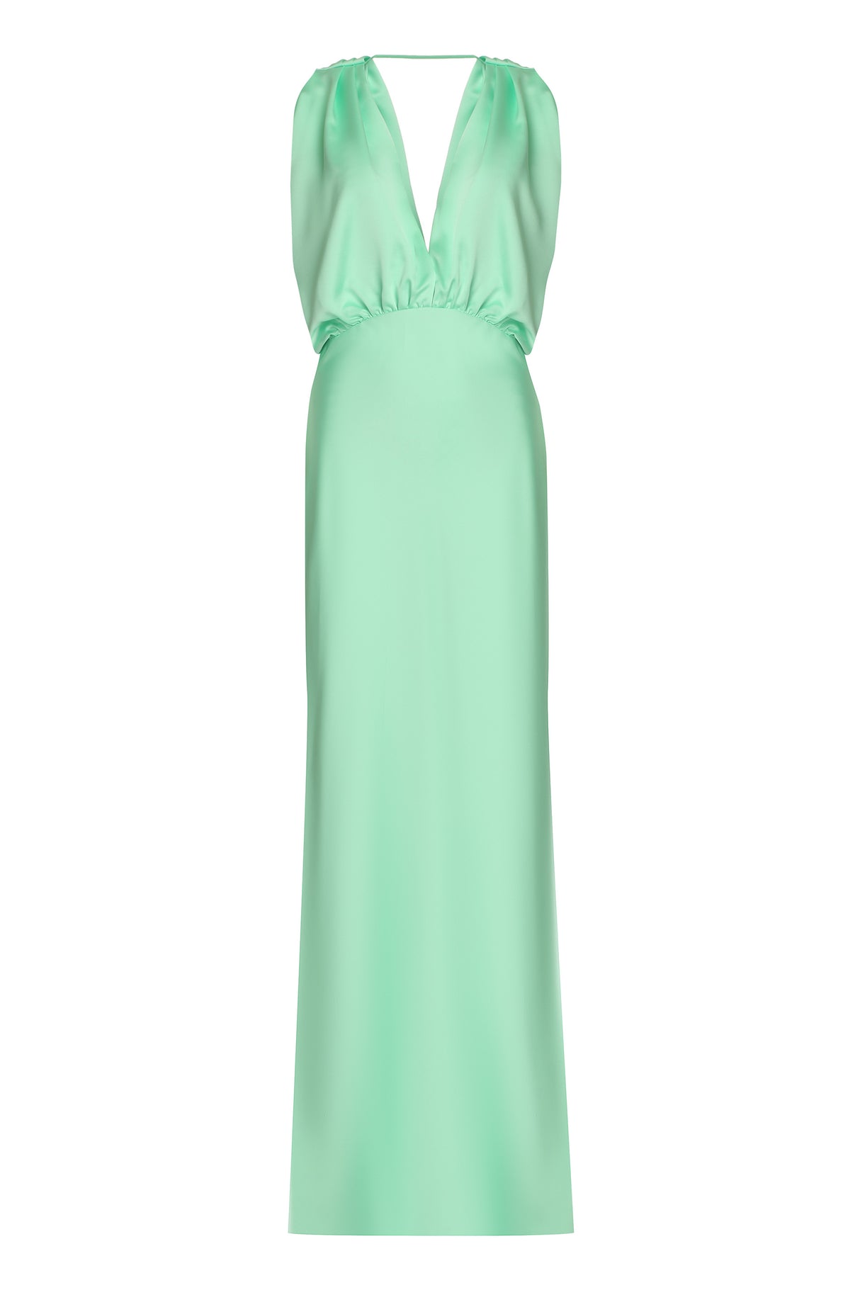 PINKO Green Satin Dolcetto Dress with Gathered Style and Open Back