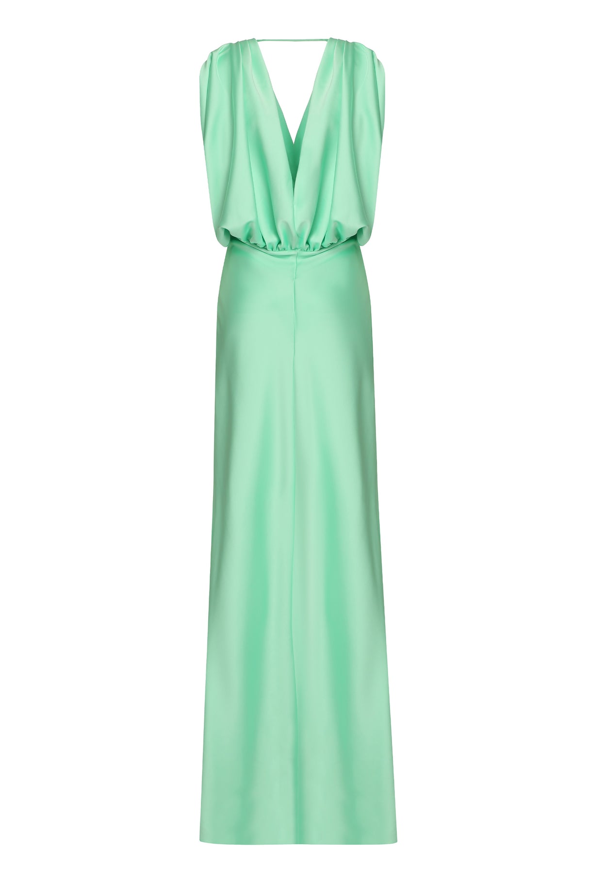 PINKO Green Satin Dolcetto Dress with Gathered Style and Open Back