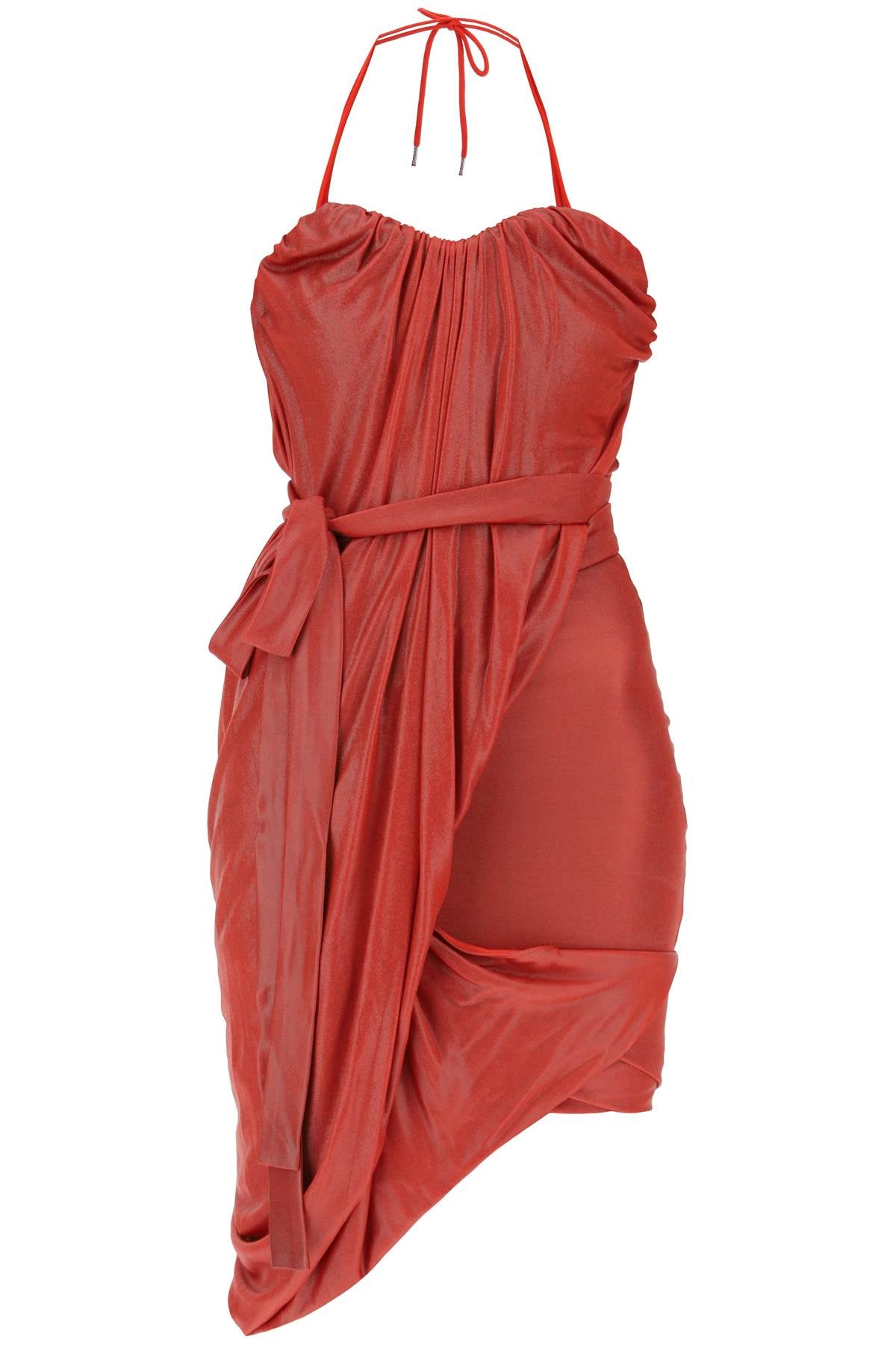 Đầm Mini Đỏ Draped với Cổ Tròn và Hem Không Đều