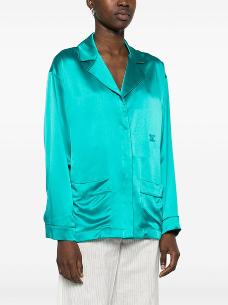 MAX MARA PIANOFORTE Green Silk Satin Tunic with Notched Lapels and Embroidered Logo