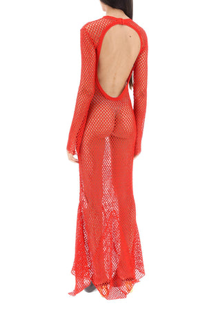 FERRAGAMO Red Fishnet Knit Maxi Dress with Open Back and Bell Sleeves for Women - FW23