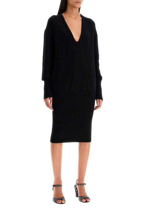 Ferragamo Knit Midi Dress with Deep V-Neck and Dropped Shoulders