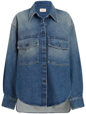 Áo khoác jeans nữ dáng dài màu xanh - Cổ điển, nút gài, vai rớt, tay dài, túi, lai cong - SS24