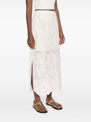 ZIMMERMANN Floral Embroidered Linen Midi Skirt