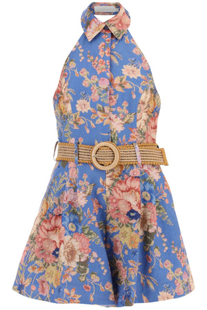 ZIMMERMANN Blue Floral Print Linen Short Jumpsuit for Women