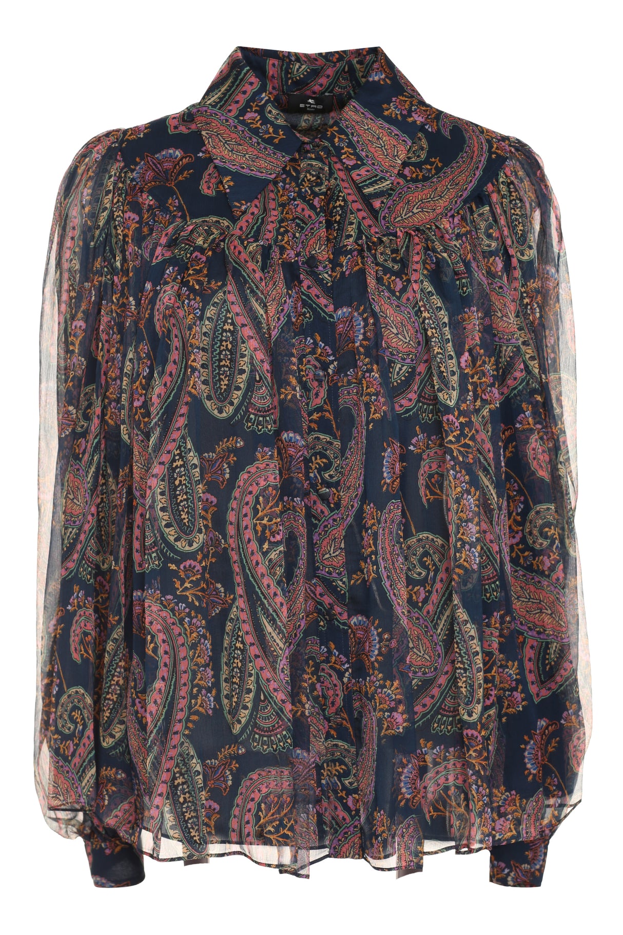 ETRO Luxurious Blue Silky Women's Blouse with Classic Collar and Elegant Paisley Pattern - FW23 Edition