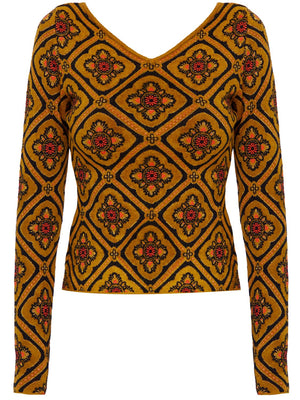 ETRO Ornamental Pattern V-Neck Jumper in Brown Jacquard Fabric - FW23