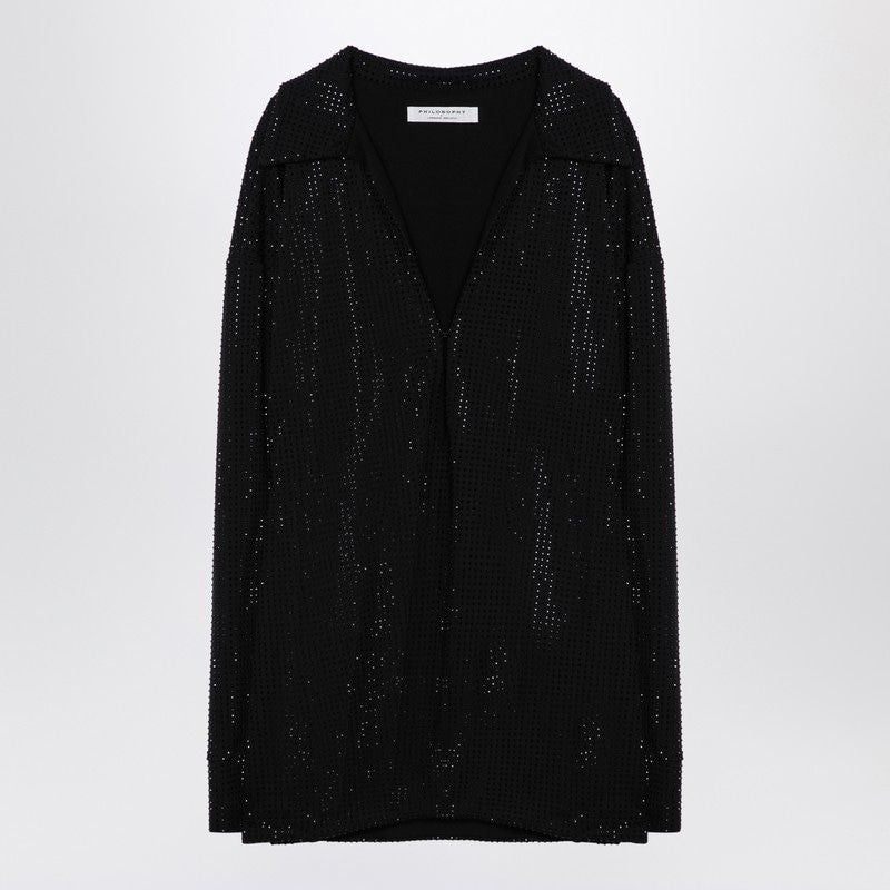 PHILOSOPHY DI LORENZO SERAFINI Black Rhinestone Embellished V-Neck Blouse