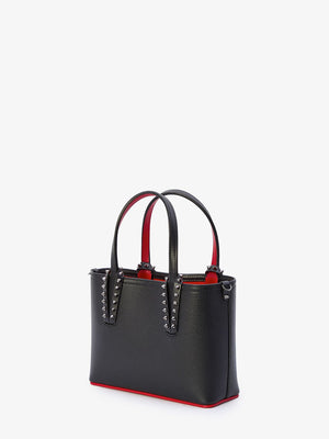 CHRISTIAN LOUBOUTIN Mini Cabata East/West Black Grained Calfskin Handbag with Silver Studs and Red Lining, 17x23.5x8 cm