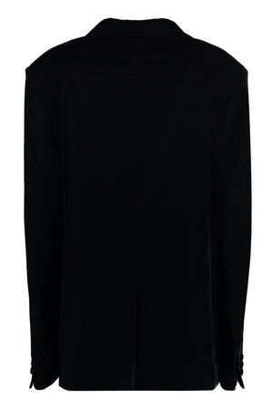 Áo blazer nhung đen sang trọng cho nữ (FW23) với cổ Lapel, túi trước và vai đệm