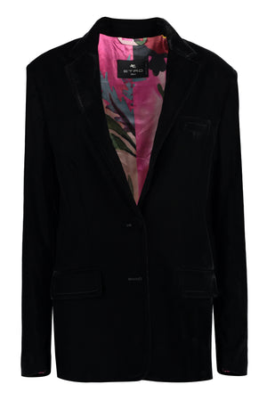 Áo blazer nhung đen sang trọng cho nữ (FW23) với cổ Lapel, túi trước và vai đệm