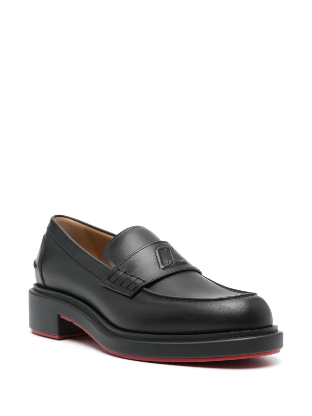 CHRISTIAN LOUBOUTIN Black Almond Toe Loafers for Men - Smooth Grain Leather with Strap Detailing