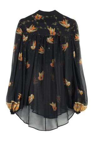 ETRO Black Printed Georgette Blouse with Paisley Motif and Tie Neck Ribbon for Women