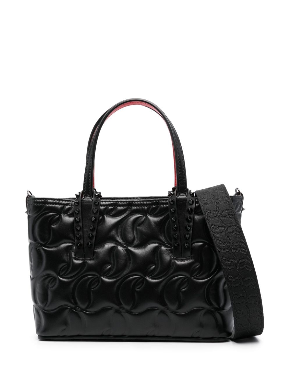 CHRISTIAN LOUBOUTIN Black Nappa Leather Debossed Monogram Handbag with Spike Stud Detailing