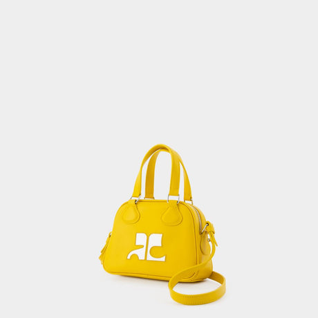 COURREGÈS Sunny Yellow Mini Bowling-Style Handbag for Women, Calfskin and Cotton Blend