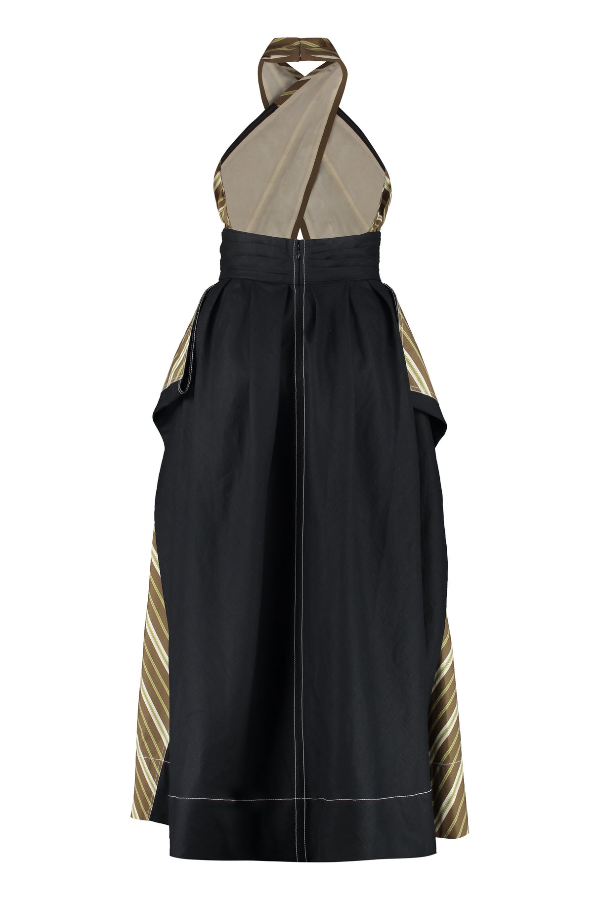 TORY BURCH Striped Maxi Dress with Contrasting Waistband and Back Panel