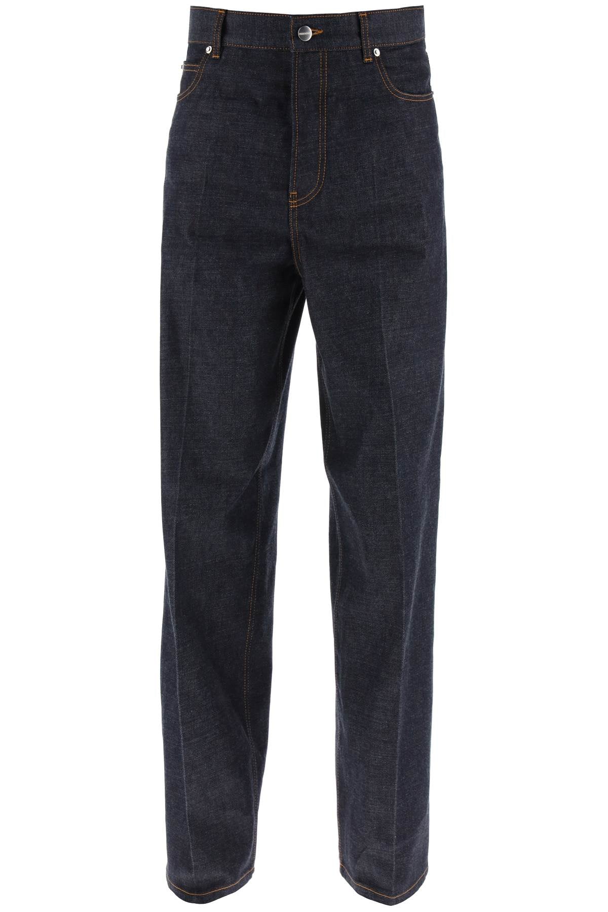 FERRAGAMO Men's Dark-Washed Baggy Fit Jeans | Contrasting Topstitching & Logo Details