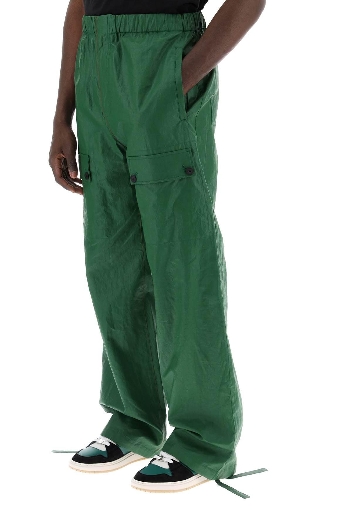 FERRAGAMO Men's Green Linen Coated Pants for SS24