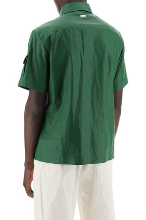 FERRAGAMO Men's Short-Sleeved Linen Shirt with Coated Canvas - Green