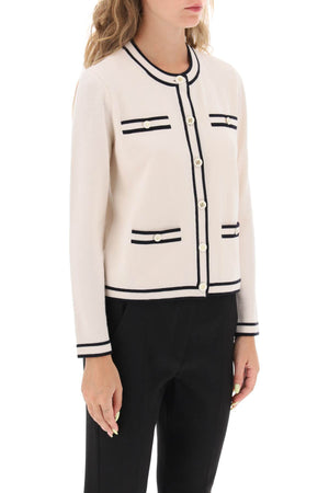 Áo len nữ tay cánh dơi thời trang với viền sọc và nút logo