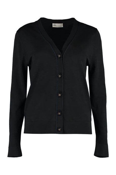 TORY BURCH Black Wool-Blend Cardigan with Logo Detail Buttons