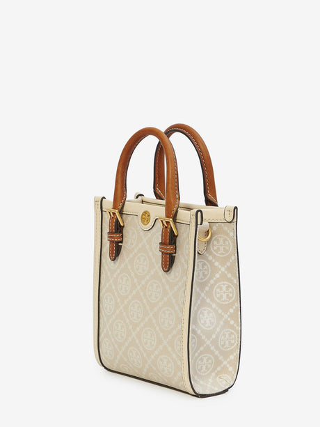 TORY BURCH Mini Monogram Canvas & Leather Tote Handbag with Gold-Tone Accents