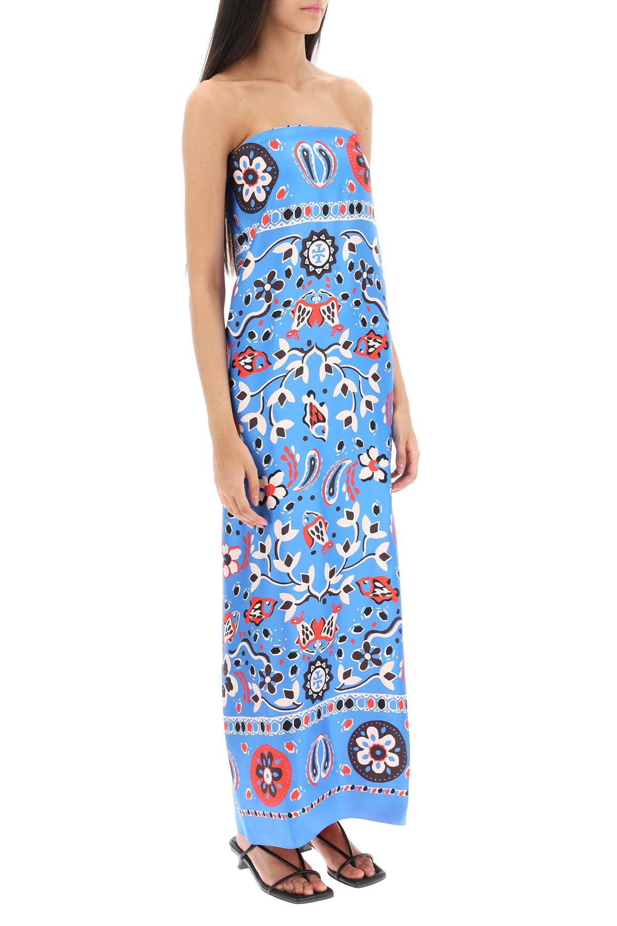 TORY BURCH Blue Abstract Printed Silk Bandeau Maxi Dress for Women FW23