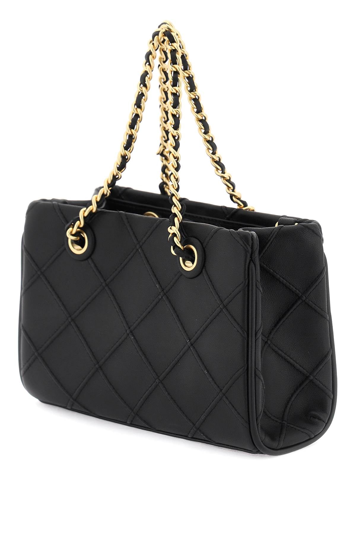 TORY BURCH Mini Fleming Quilted Leather Chain Tote in Black with Convertible Strap, 12.5x18.5x7.5 cm