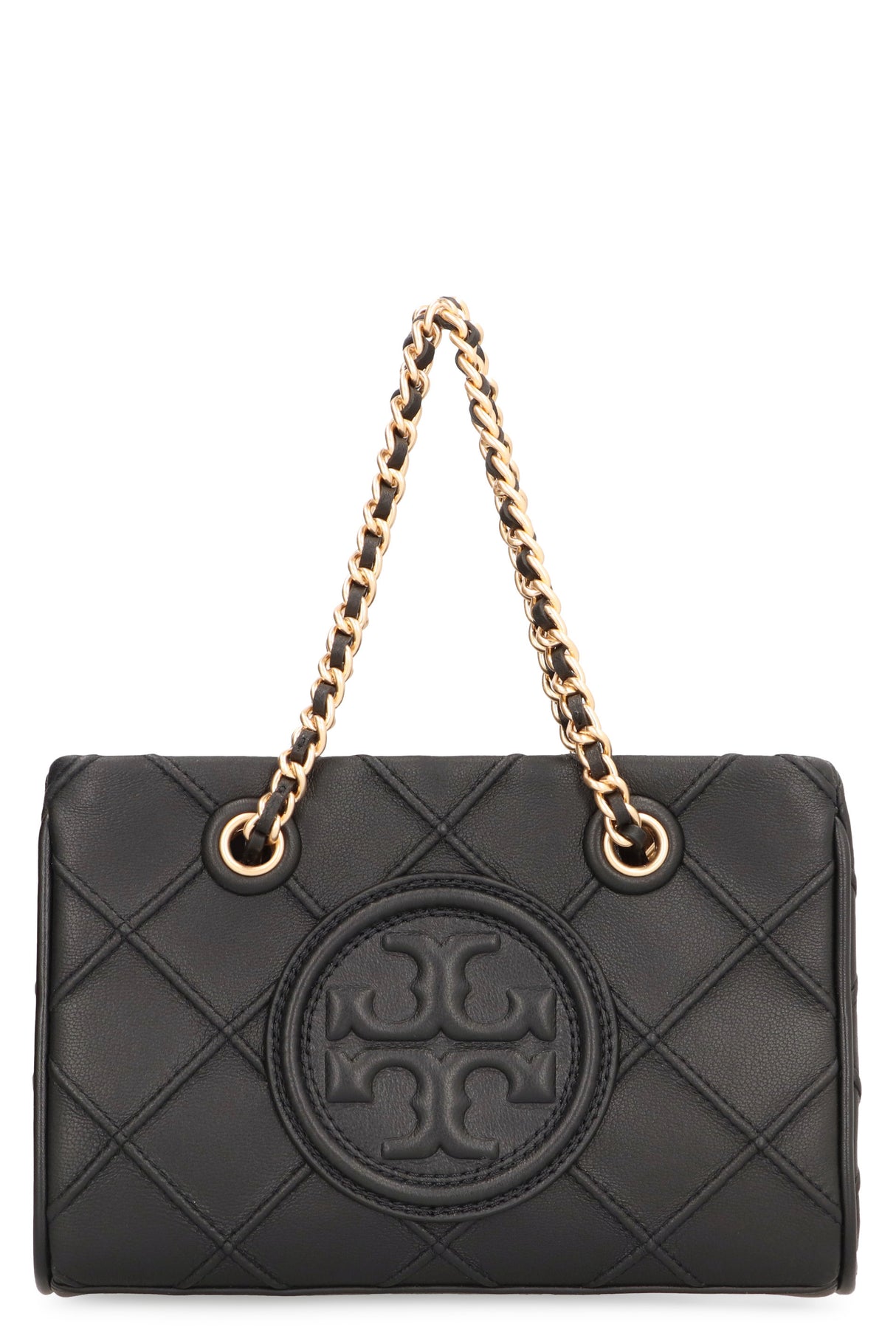 TORY BURCH Mini Fleming Quilted Leather Chain Tote in Black with Convertible Strap, 12.5x18.5x7.5 cm